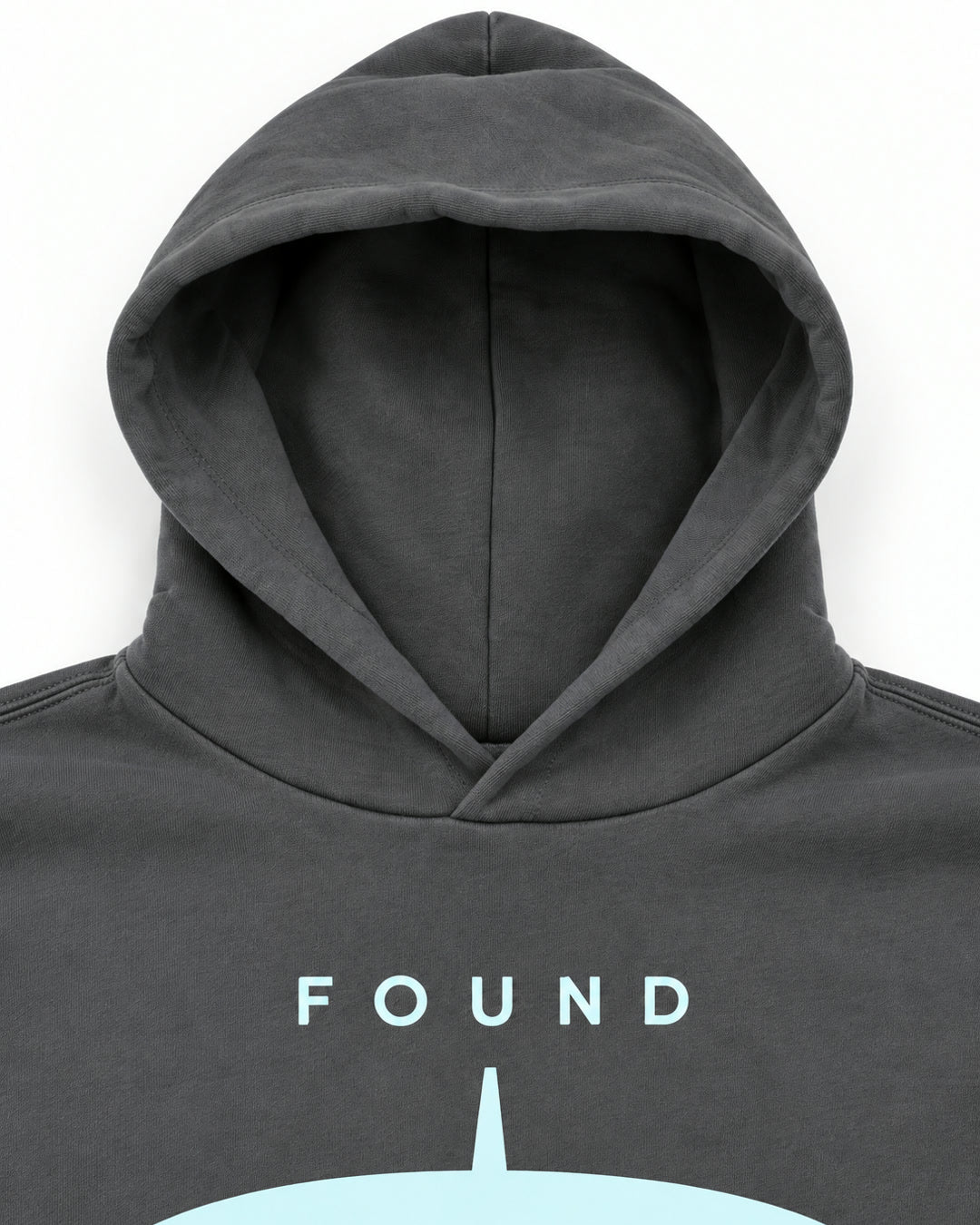 Double-layer hood detail on the FOUND Restoration Hoodie in Ash