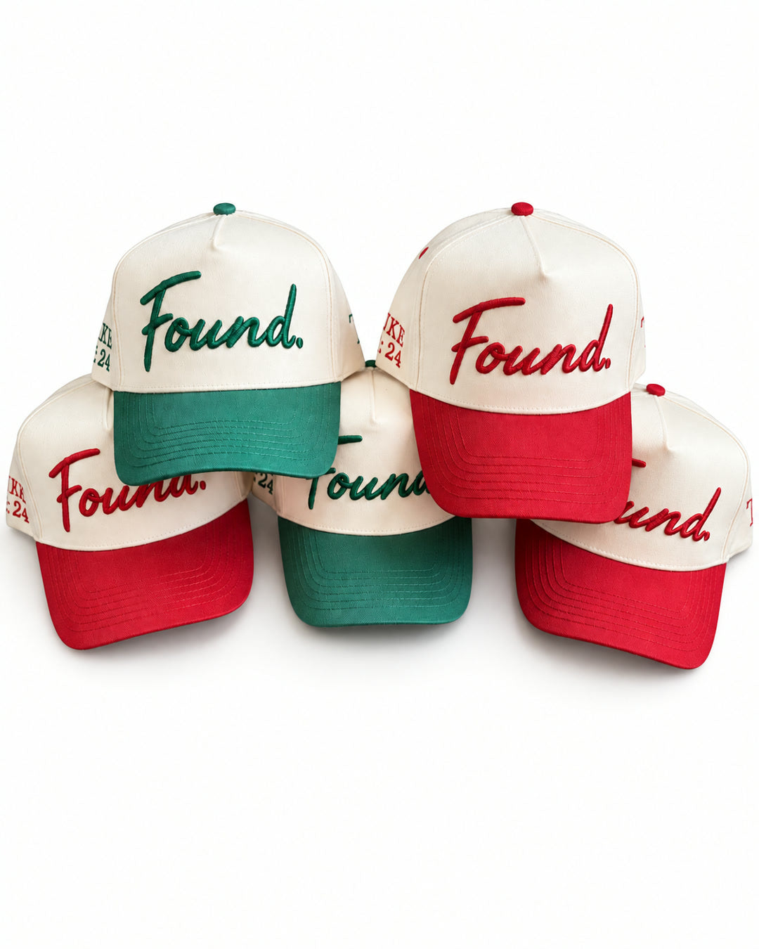 Stack of Found Caps in red and green colourways