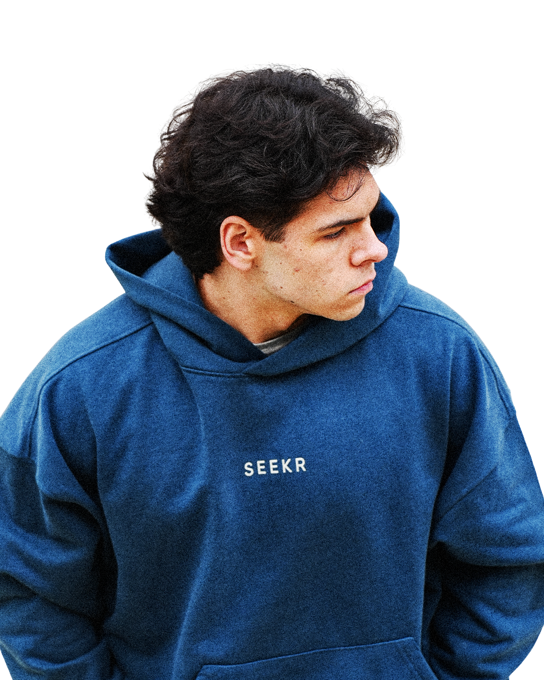 Model wearing the SEEKR Pursuit Hoodie in midnight blue