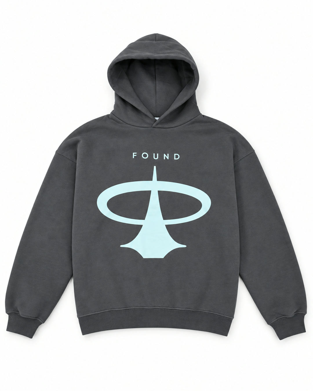 FOUND Restoration Hoodie in Ash, flat front view with FOUND wordmark and pale-aqua emblem
