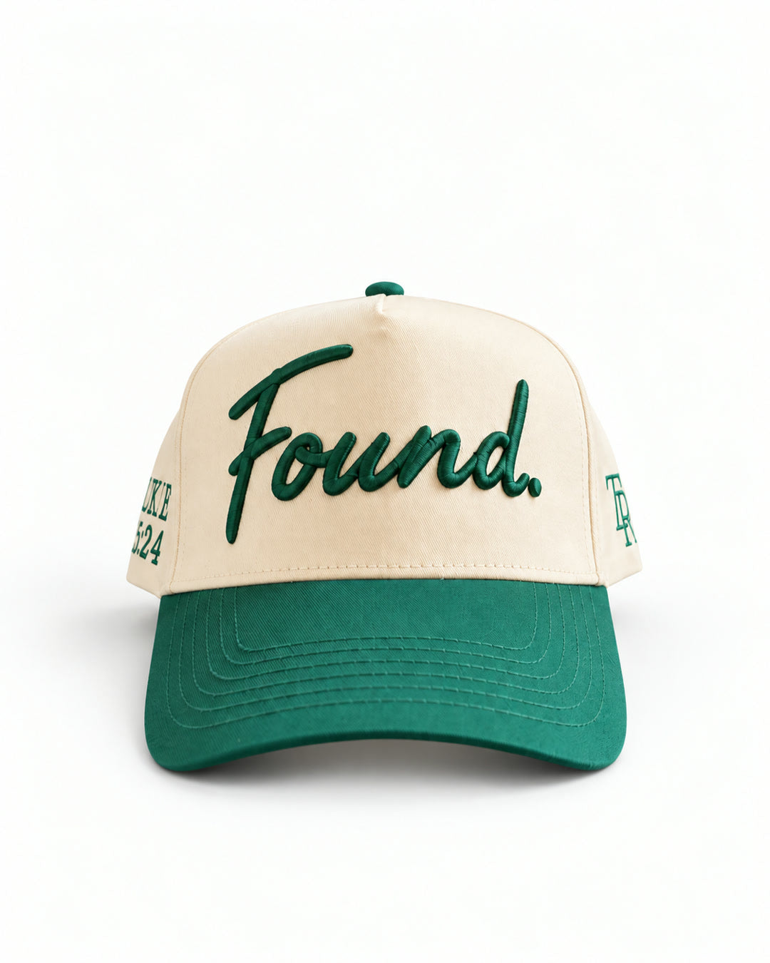 Found Cap in cream with green bill, front view with raised green Found. script