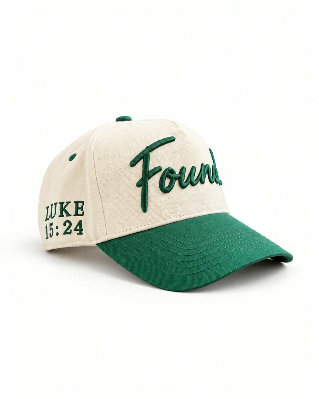 Found Cap in cream with green bill, three-quarter view with LUKE 15:24 on the side