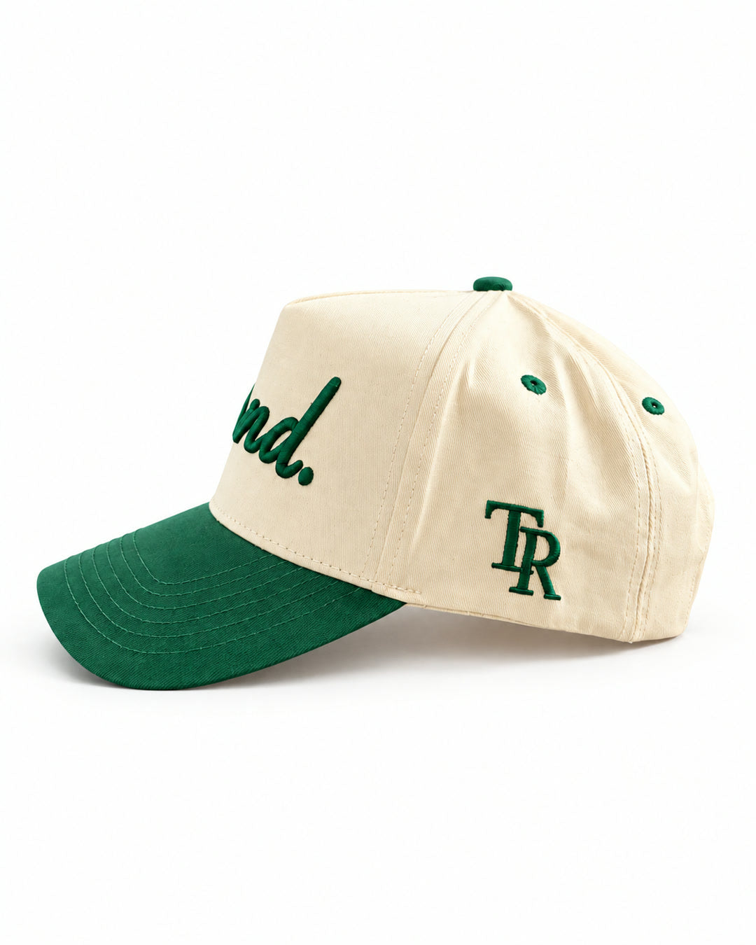 Found Cap in cream with green bill, side view with TR monogram