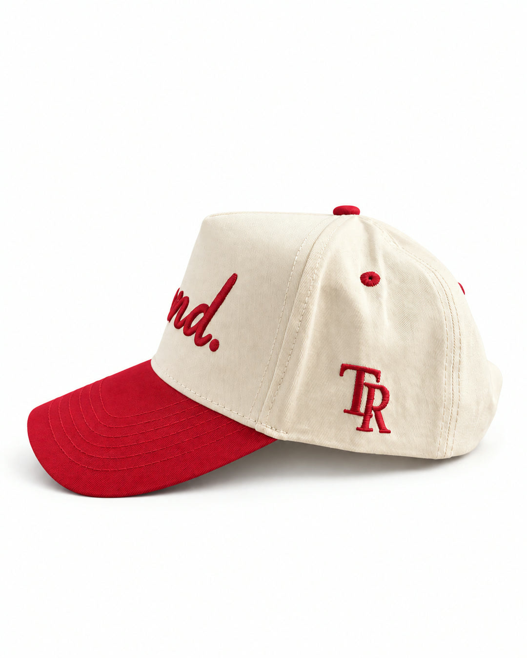 Found Cap in cream with red bill, side view with TR monogram